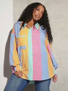SHEIN CURVE+ 大碼條紋印花落肩袖襯衫 - 彩色 - 查看 5
