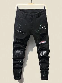 Manfinity LEGND Men Cotton Splash Ink And Letter Graphic Ripped Jeans Frayed Jeans Letter Slim Fit Long Black Cargo Jeans, For Husband, Boyfriend Gifts, Men Black Ripped Jeans, Patched Jeans Men, Men Graphic Jeans - Black - View 1