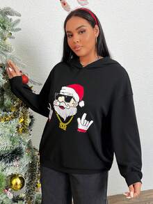 SHEIN EZwear 加大码圣诞印花落肩卫衣 - 黑色 - 查看 4