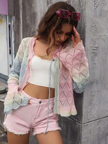 SHEIN Qutie Ombre Tie Front Pointelle Knit Cardigan - Multicolor - View 6