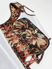 Women Square Neck Sexy Floral Print Metal Eyelet Tie Knot Tank Top New Year Party Valentine Day Holiday Top Corset Top St Patrick Day - Black - View 3