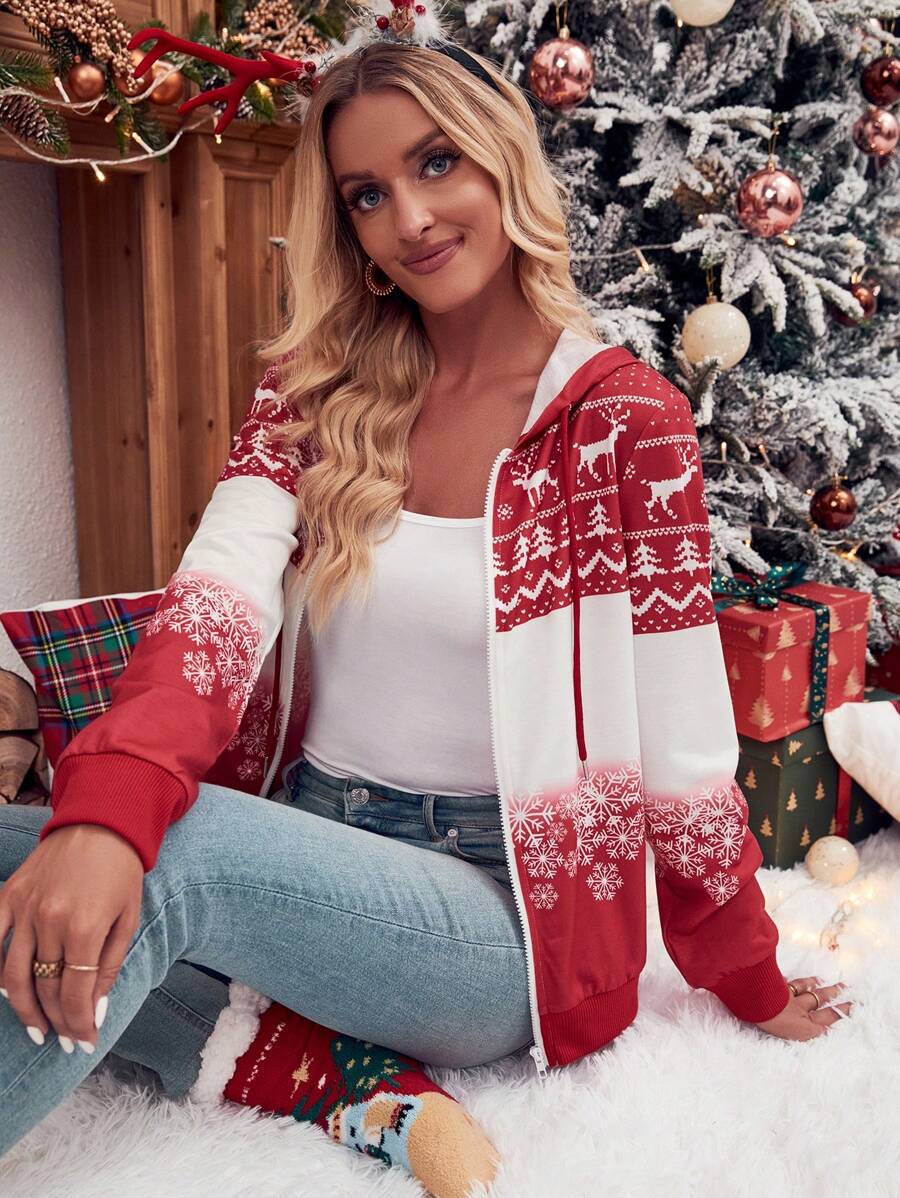 Calvaya Christmas Print Zip Up Drawstring Hoodie