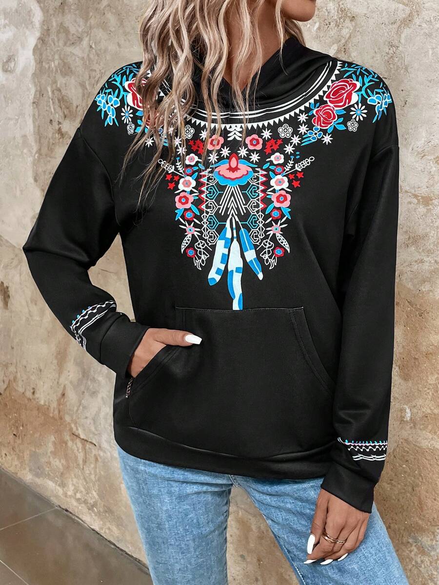 SHEIN LUNE Floral Print Kangaroo Pocket Drop Shoulder Hoodie - Black - View 1