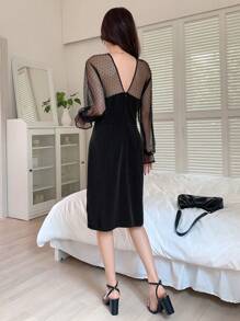 DAZY Contrast Mesh Flounce Sleeve Slit Hem Dress - Black - View 2