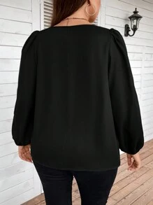 SHEIN Clasi Plus Keyhole Neckline Lantern Sleeve Blouse - Black - View 2