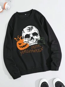 NITAGUT Men Pumpkin Print Sweatshirt, For Halloween - Black - View 7