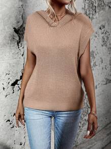 SHEIN Frenchy 素色蝙蝠袖連帽毛衣背心 - 卡其色 - 查看 1