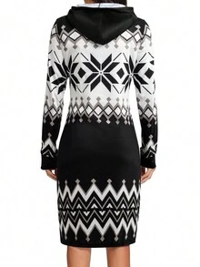 Geo Print Drawstring Hooded Hidden Pocket Sweatshirt Dress - Black and White - View 2