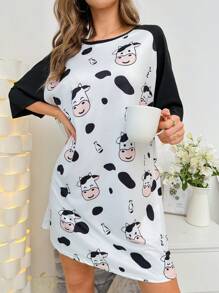 Cow Print Raglan Sleeve Pajama Nightdress Bridallingerie - White - View 6