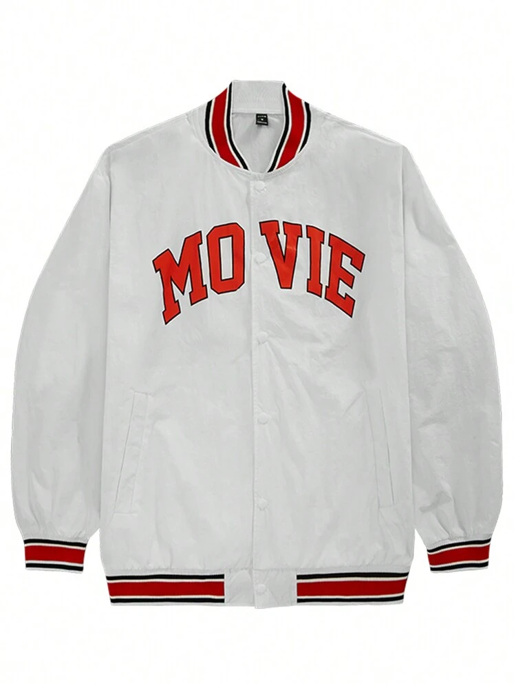 Men Letter Graphic Striped Trim Slant Pockets Bomber Jacket Workout Tops Sports Jacket