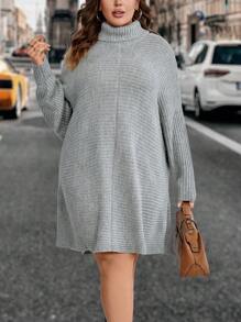 SHEIN LUNE 大碼高領蝙蝠袖毛衣洋裝 - 淺灰色 - 查看 1