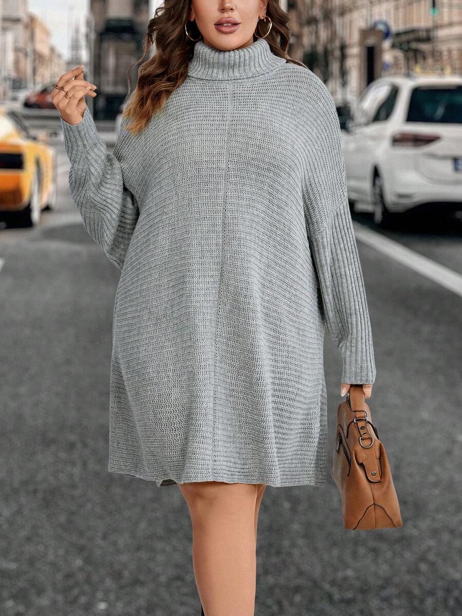 SHEIN LUNE 大碼高領蝙蝠袖毛衣洋裝 - 淺灰色 - 查看 1