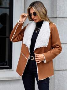 SHEIN LUNE 大翻領毛絨內襯開門襟外套 - 棕色 - 查看 5