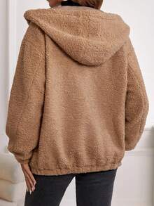 SHEIN Maternity Zip Up Drop Shoulder Hooded Teddy Jacket, For Winter - Brown - View 2