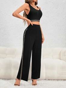 SHEIN Essnce 鏈條印花短款背心和褲子 - 黑色 - 查看 4