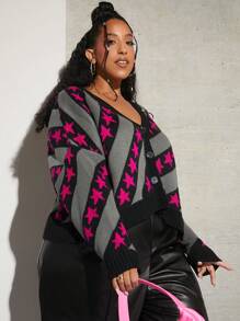 SHEIN CURVE+ Plus Star Pattern Drop Shoulder Cardigan - Multicolor - View 3