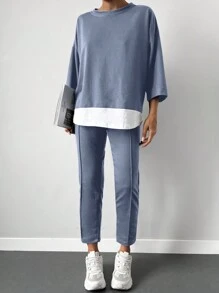 Cottnline Drop Shoulder 2 In 1 Tee & Seam Detail Sweatpants - Blue - View 5