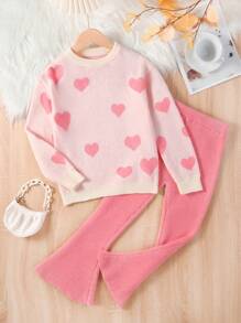 SHEIN Tween Girl Heart Pattern Sweater & Flare Leg Knit Pants - Pink - View 1