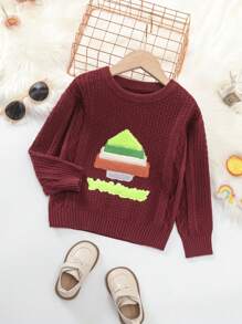 SHEIN Young Girl Patched Detail Cable Knit Sweater - Burgundy - View 1
