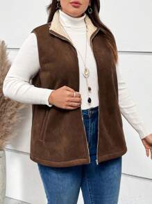 EMERY ROSE Plus Zip Up Vest Coat Without Tee Winter Fall Autumn - Camel - View 3