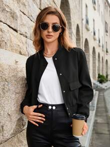 Flap Pocket Button Front Bomber Jacket Fall Winter Cloth For Women - Black - View 6