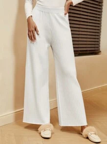 SHEIN LUNE Solid Wide Leg Knit Pants - Beige - View 1
