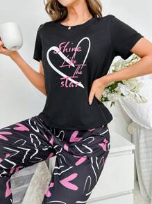 Heart & Slogan Graphic PJ Set / Pajama Set - Black - View 4