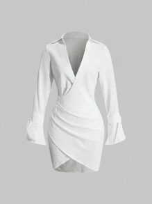 SHEIN Privé Solid Wrap Ruched Dress - White - View 1