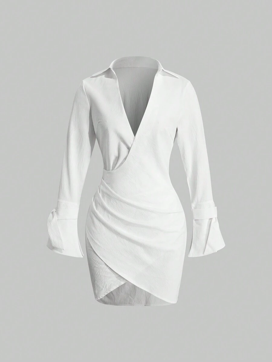 SHEIN Privé Solid Wrap Ruched Dress - White - View 1
