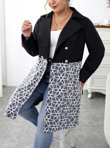 Calvaya 大碼印花雙排釦風衣外套 - 黑色 - 查看 6