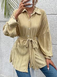 SHEIN Essnce 落肩袖腰帶襯衫 - 香檳色 - 查看 5