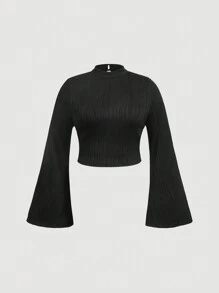 SHEIN MOD 大碼小高領喇叭袖T恤 - 黑色 - 查看 1