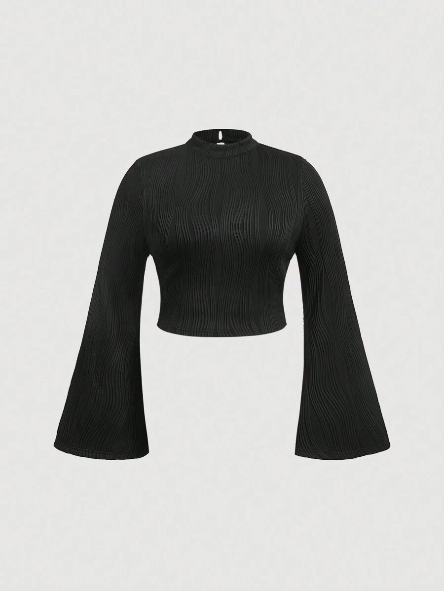 SHEIN MOD 大碼小高領喇叭袖T恤 - 黑色 - 查看 1