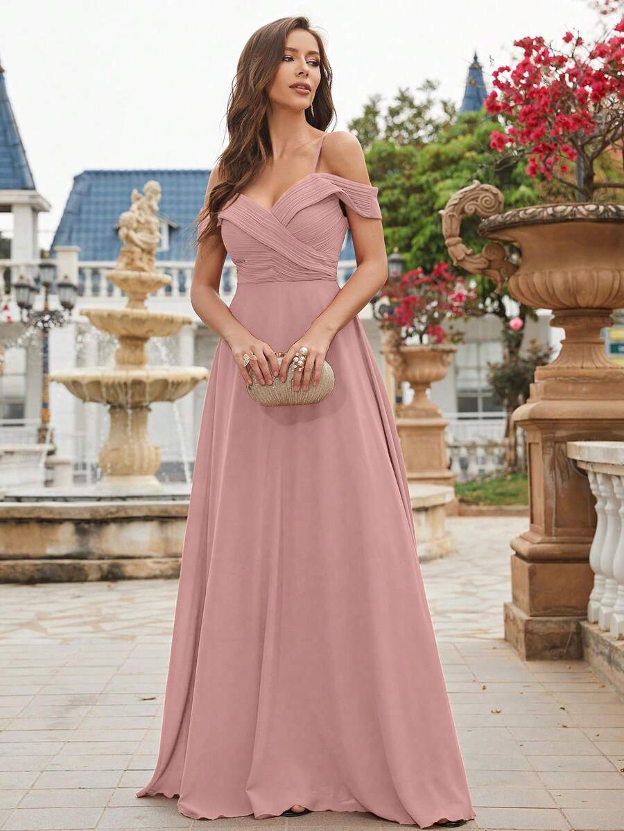 UNITHORSE Cold Shoulder Ruched Bodice Chiffon Bridesmaid Dress Elegant Dress Wedding Pink Spring Fall