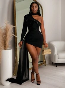 女式不对称领口长袖羽毛斗篷连衣裙 - 黑色 - 查看 1