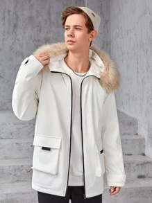 SHEIN Teen Boy Flap Pocket Fuzzy Trim Hooded Coat - White - View 3
