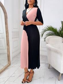 SHEIN Clasi Two Tone Pleated Hem Dress - Pink - View 6