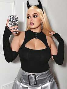 SHEIN ICON 大碼鏤空挖肩上衣 - 黑色 - 查看 2