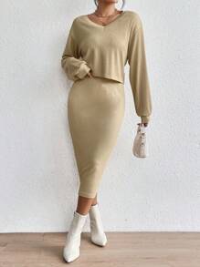 SHEIN LUNE Drop Shoulder Tee & Pencil Skirt - Khaki - View 3