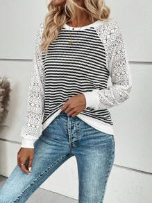 EMERY ROSE Striped Print Contrast Lace Raglan Sleeve Sweatshirt Graduation,Back To School Outfits,Graduation,Teacher Outfits For Women,Back To School Pullover Fall Outfit - Black and White - View 7