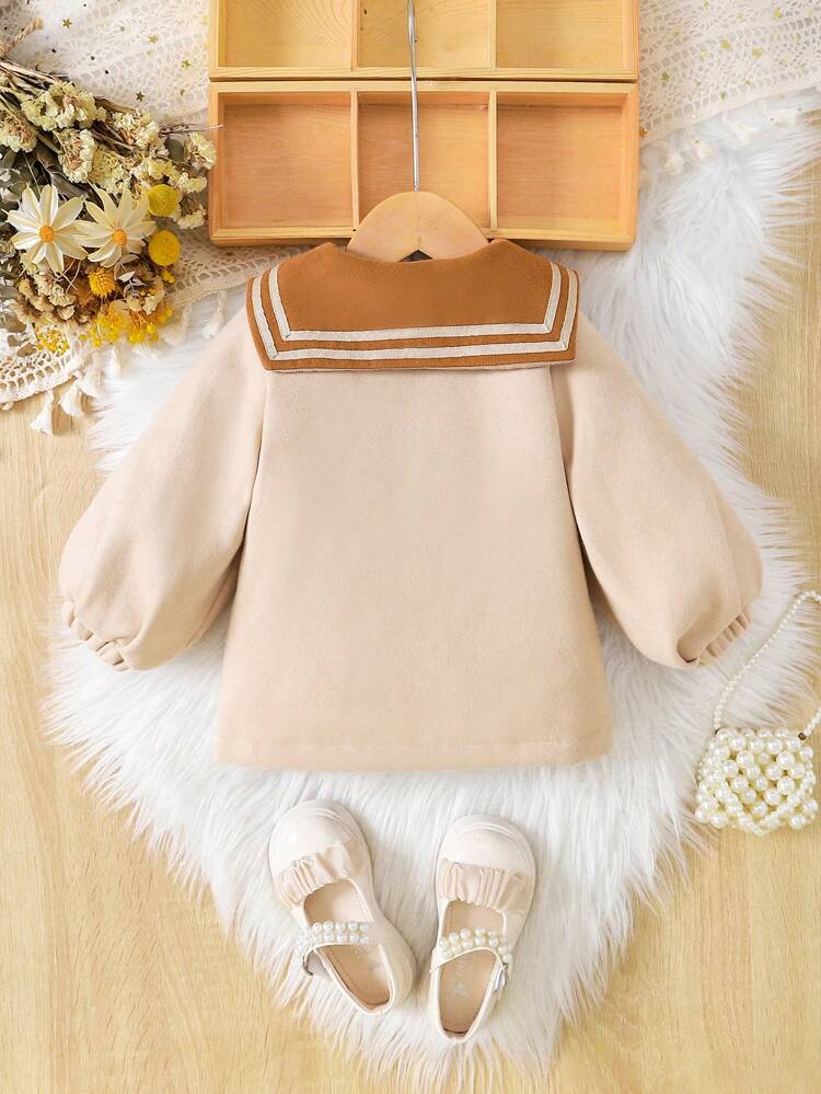 Baby Girls Contrast Teddy Pocket Patched Bow Front Peter Pan Collar Lantern Sleeve Overcoat
