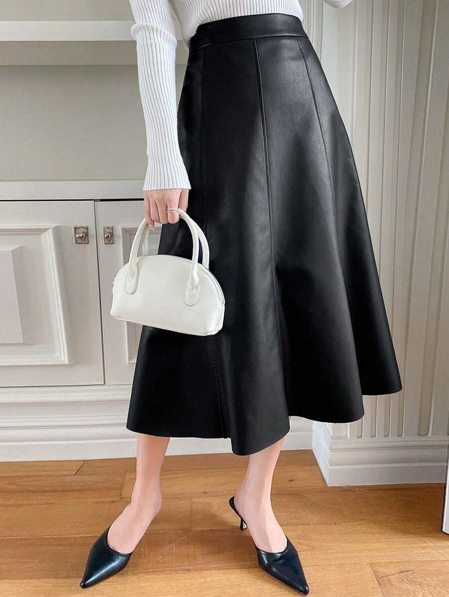 DAZY 高腰PU皮革喇叭裙 - 黑色 - 查看 1