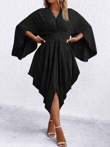 SHEIN Clasi Plus Solid Batwing Sleeve Twist Front Asymmetrical Hem Dress - Black - View 5