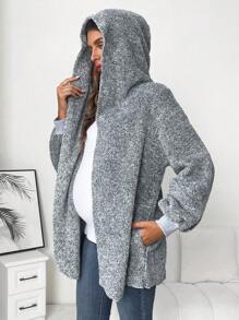 SHEIN Maternity Open Front Hooded Teddy Coat, For Winter