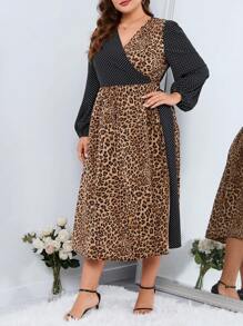 SHEIN Clasi Plus Leopard Print Surplice Neck Lantern Sleeve Dress - Multicolor - View 5