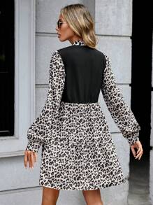 SHEIN LUNE Leopard Print Notched Neckline Dress Fall Cloth For Women - Multicolor - View 2