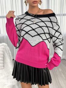 SHEIN Privé Argyle Pattern Colorblock Drop Shoulder Sweater - Multicolor - View 2