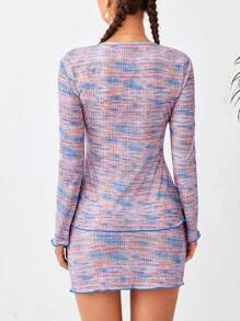 Soleia 段染正面鈕扣 T 恤和緊身半身裙 - 摩卡棕 - 查看 2