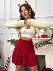 SHEIN Unity 素色絨毛針織短款開衫 - 米色 - 查看 4