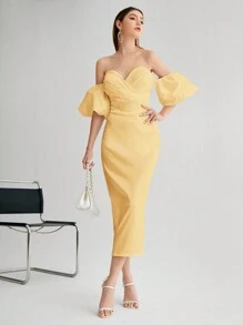 SHEIN Belle Off Shoulder Puff Sleeve Cocktail Dress - Yellow - View 1